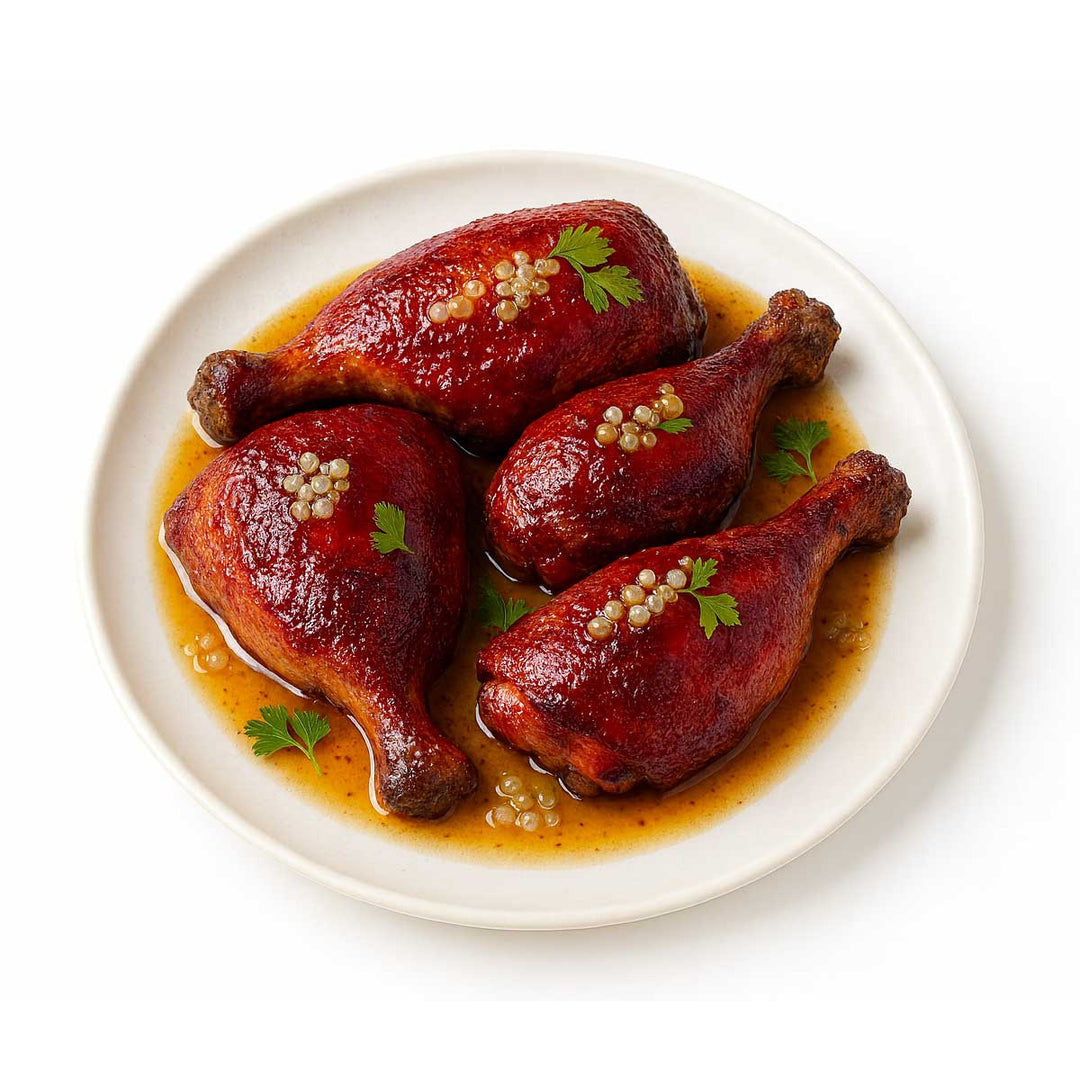 Roast chicken glazed with Davidson Plum and bush honey, finished with fresh finger lime pearls