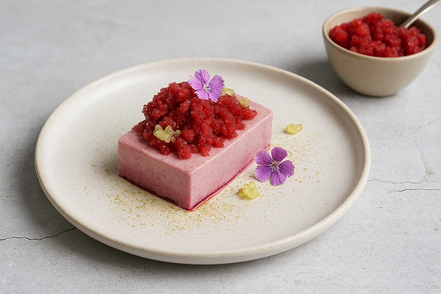 Davidson Plum Parfait With Lemon Aspen Riberry Granita on a kitchen table