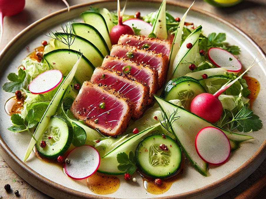 Seared Tuna Salad with a Burst of Finger Lime and Radishes