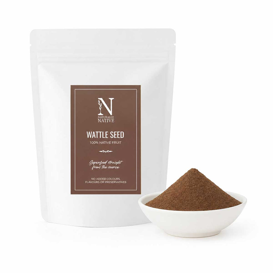 Naturally Native Golden Blend roasted and ground Australian wattleseed powder with product pouch